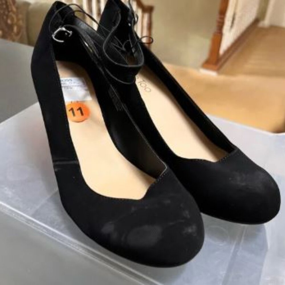 Velvet-Like, "Me Too" Black Wedge Heels with Ankle Strap